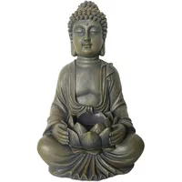 Relaxdays Buddha Figur 30 cm, mit Lotusblume Dekofigur Wohnzimmer, wetterfest, frostsicher, Bronze