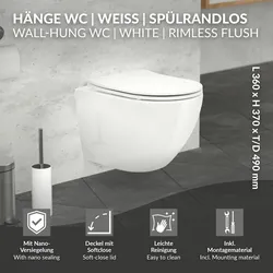 LuxeBath Spülrandloses Wand Hänge WC Toilette kurz Softclose Tiefspüler Nano-Beschichtung