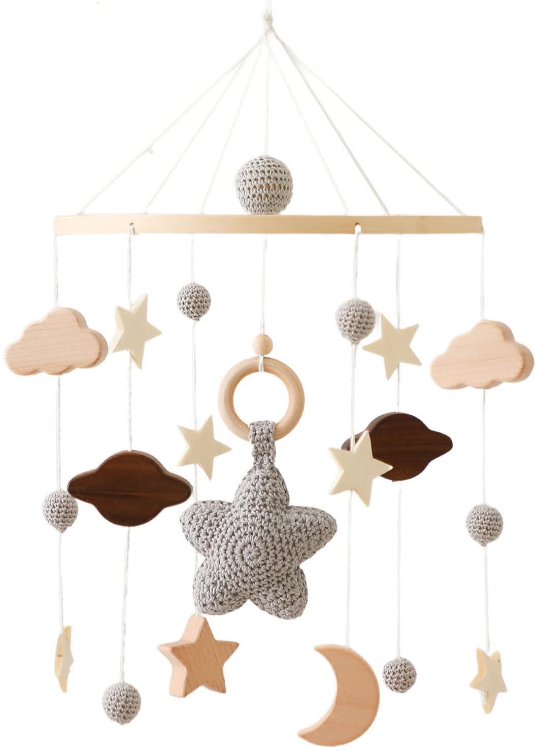EXQULEG Baby Mobile Baby Windspiele mit Mond Sterne Gehäkelt Mobile Baby Holz Bettglocke Anhänger zum Aufhängen Babybett Mobile Neugeborene Geschenk für Jungen Mädchen (Grau)