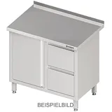 Stalgast Arbeitsschrank mit Flügeltür, 900x600x850 mm, mit 2er Schubladenblock rechts, ohne Aufkantung, verschweißt