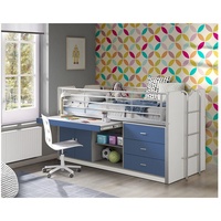 Lomadox Hochbett 90x200cm, mit ausziehbarem Schreibtisch und Stauram, weiß/blau weiß