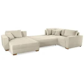 luma-home schönes für dein zuhause Wohnlandschaft U-Form 379/227/86 cm breit, Sofa Schlaffunktion Bettkasten, Wellenfedern, spiegelverkehrt montierbar, Cord Beige Grau / 15200