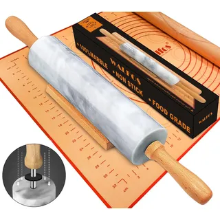 Walfos Nudelholz Marmor Set mit Antihaft-Silikon-Teigmatte, 43cm Teig Nudelholz für die Herstellung von Pizza, Tortillas und Kekse, Backen Nudelholz für Kuchen Kruste, Pizza, Pasta (grau & weiß)