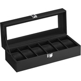 SONGMICS Uhrenbox mit 6 Fächern, Uhrenbox, Schatulle, Glasdeckel, abnehmbare Polster, Schloss aus Metall, schwarz beschichtet und Futter in Schwarz JWB06B01