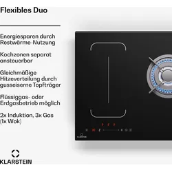 Klarstein MultiChef 5 Wok Induktions- und Gaskochfeld 5 Kochzonen 3 Gasbrenner 2 Induktionsfelder FlexZone Schwarz