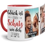 Tassendruck Fototasse mit Spruch für den Schatz - Glück ist, jemanden wie Dich zu haben - zum Selbst gestalten mit 2 Fotos, Innen & Henkel Rot, 300 ml