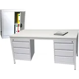 Szagato Schreibtisch Profi Office-Line SET 180x80cm, inkl. 2 x Unterbauschrank Professional 3 Schubladen inkl. Stahlschrank 90x80cm, lichtgrau