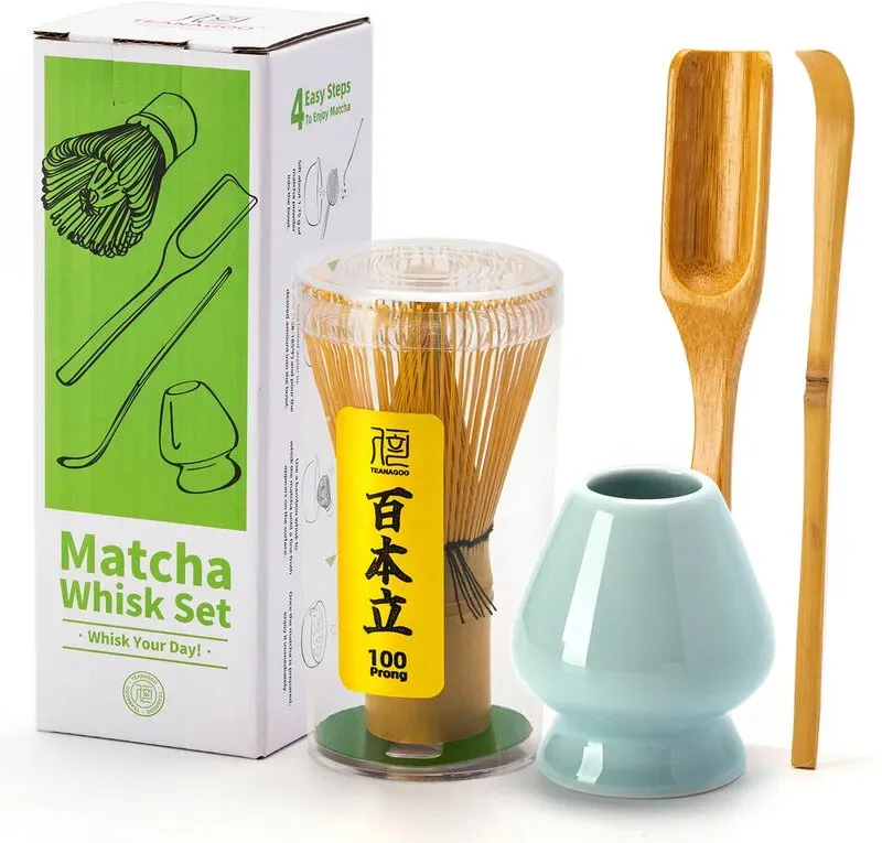 TEANAGOO Matcha-Set, Bambusbesen (Chasen), 4-teiliges Matcha-Kit, Traditioneller Teelöffel (Chashaku), Blauer Seladon-Besenhalter, Perfekt für Matcha Latte & Traditionelle Zeremonien | Premium Matcha-Geschenkset, Neujahrsangebot, Top-Geschenkempfehlungen