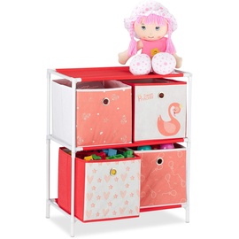 Relaxdays Kinderregal mit 4 Boxen, Spielzeug, Mädchen, Schwan-Design, Regal Kinderzimmer, HBT: 62 x 53 x 30 cm, weiß/rot