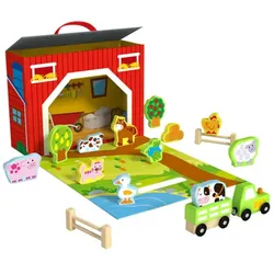 Tooky Toy Holz-Bauernhof Set TY201 tragbar 17-teilig Holzfiguren Scheune Zaun rot