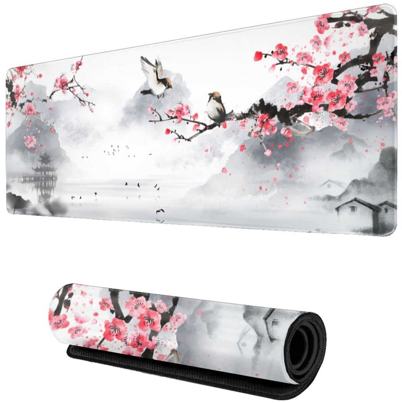 Cherry Blossom Mauspad Gaming Mauspad 31.5 X 11.8 Inch Japanese Pink Sakura Mouse Pad Stitched Edges Rubber Base Non-Slip Waterproof Large Mouse Pad Suitable Desk / Office / Game