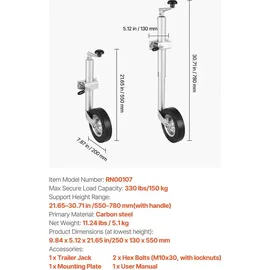 Vevor Stützrad bis 150 kg Höhenverstellbar 550–780 mm