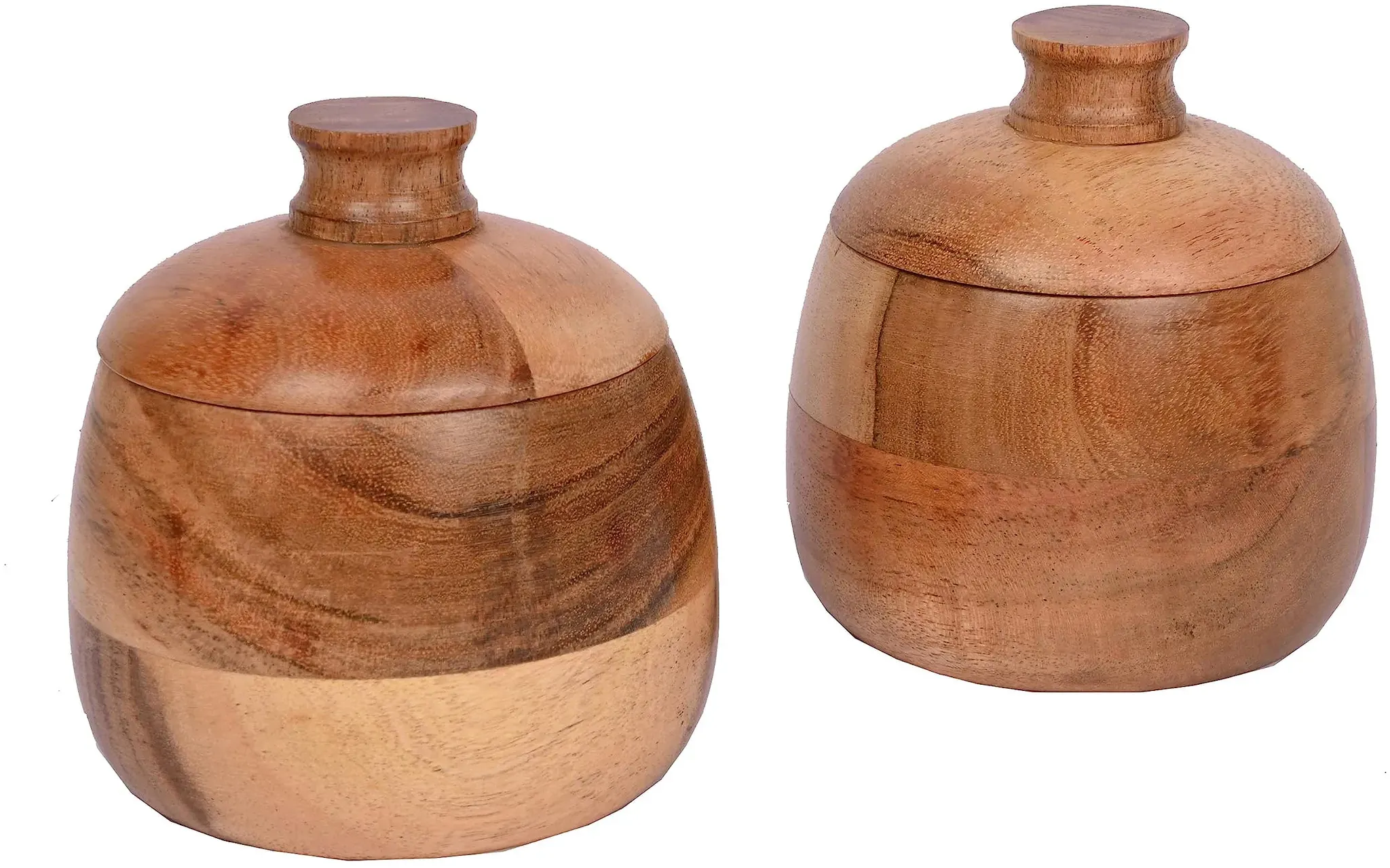 EDHAS Round Acacia Wood Condiment Pot With Lids, for Salt Sugar Pepper or Chili Powder, Set Of 2 for Kitchen, Serving, Condiment, (7.62cm x 7.62cm x 10.16cm)