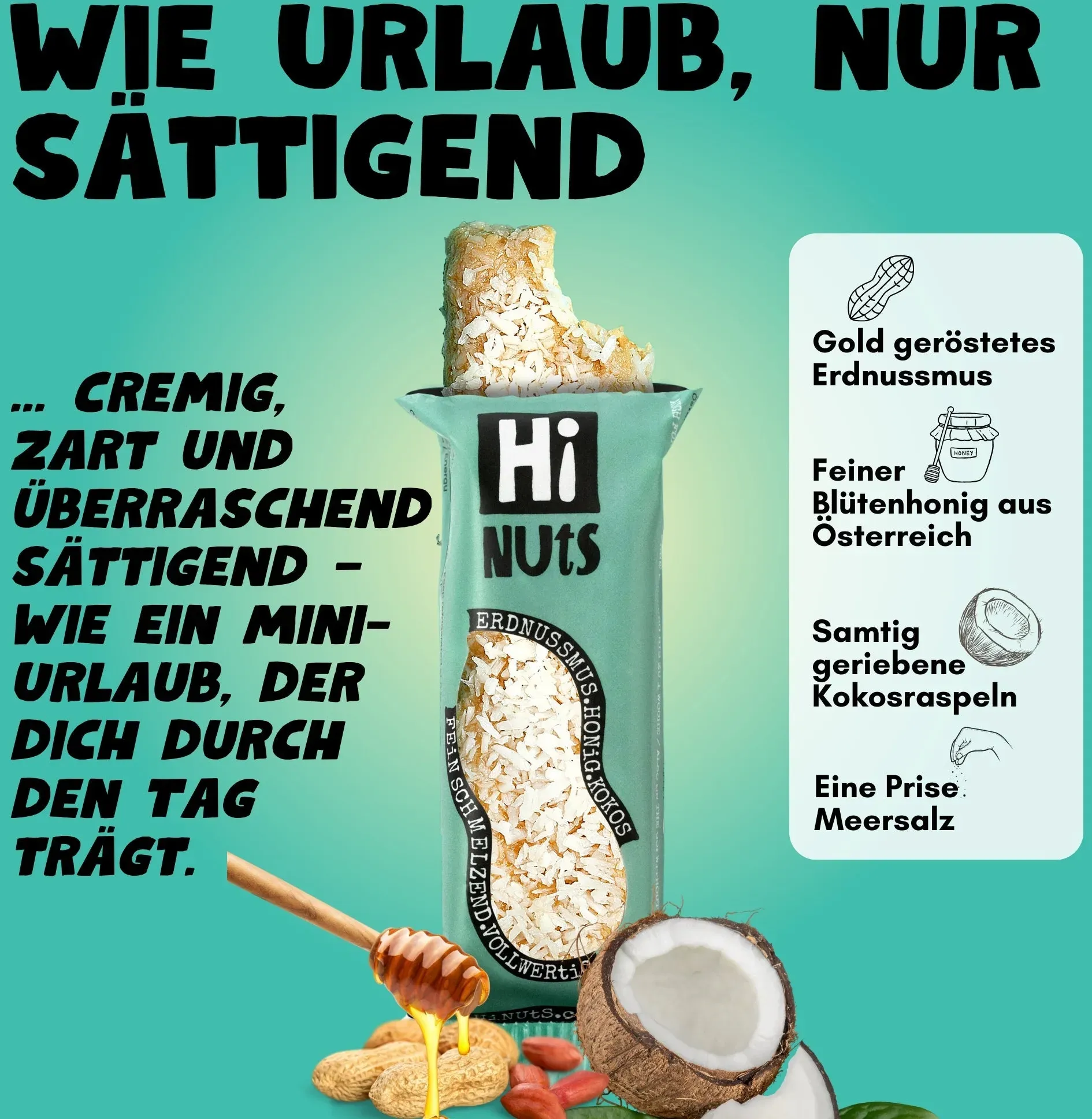 HiNUtS Lieblingsbox Kokos (12 Stück), cremiger Energieriegel mit Kokos, Erdnussmus und Honig