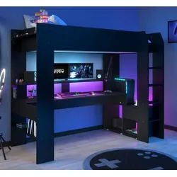 Hochbett "Online" in schwarz Gaming Jugendzimmer Bett mit Schreibtisch inkl. LED Beleuchtung mit Farbwechsel