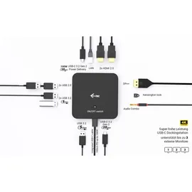 iTEC i-tec USB-C Pro Docking Station – 4K-Auflösung, 2x HDMI, 1x DP, 5x USB-A, 2x USB-C, Gbit-LAN, inkl. 100W Netzteil