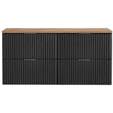 Lomadox Badezimmermöbel Waschtisch-Unterschrank 120cm matt schwarz mit Eiche Nb., gerilllte Front Waschbecken Badschrank mit 4 Softclose-Auszügen, B/H/T ca. 120,6/59,2/46,5 cm