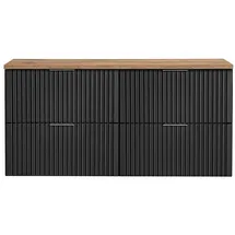 Lomadox Badezimmermöbel Waschtisch-Unterschrank 120cm matt schwarz mit Eiche Nb., gerilllte Front Waschbecken Badschrank mit 4 Softclose-Auszügen, B/H/T ca. 120,6/59,2/46,5 cm