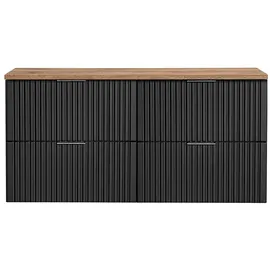 Lomadox Badezimmermöbel Waschtisch-Unterschrank 120cm matt schwarz mit Eiche Nb., gerilllte Front Waschbecken Badschrank mit 4 Softclose-Auszügen, B/H/T ca. 120,6/59,2/46,5 cm