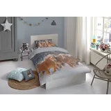 good morning Kinderbettwäsche Happy horses, Flanell, 2 teilig, Biber, 135x200, Weich, Warm, Reißverschluss, Wendeoptik, Kind, Pferd grau