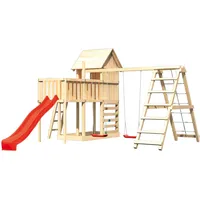 Karibu Akubi Stelzenhaus Frieda mit Wellenrutsche, Doppelschaukelanbau, Klettergerüst, Anbauplattform