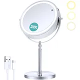 B Beauty Planet Schminkspiegel mit Beleuchtung, 1fach /20fach doppelseitiger Vergrößerungsspiegel,dimmbar, LED Schminkspiegel mit 3 Farb-Beleuchtungsmodi,20CM