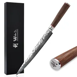 Wakoli Damast Sashimi - extra scharfes Profi Küchenmesser mit Damastklinge 25,00 cm, Kochmesser, Serie Wakoli Nussbaum