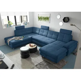 Stella Trading ALBA Wohnlandschaft in U-Form, Stoffbezug Dunkelblau - Ausziehbares Sofa mit Schlaffunktion & Bettkasten - 349 x 88 x 233 cm (B/H/T)