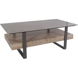 MCW Couchtisch MCW-L88, Wohnzimmertisch Tisch, Ablage Eisen 43x120x60cm Sinterstein Marmor-Optik grau Holz grau-braun