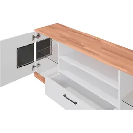 Home Affaire Lowboard HOME AFFAIRE "Ribe,160cm breit,55cm hoch,Oberplatte massiv", weiß (weiß, kernbuche), B:160cm H:55cm T:35cm, FSC-zertifizierter Holzwerkstoff, Massivholz, Sideboards, Lowboard, Oberplatte Massivholz,schwarze Metall Griffe,2 Türen mit Glaseinsatz