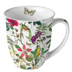 Tasse 10cm Porzellan mit Tropenvögel & Blüten Motiv - 0,4L Keramiktasse Porzellangeschirr Kaffeetasse Teetasse Kakaotasse Sommergeschirr exotisch Grün