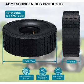 Wiltec Reifen für den Aufsitzmäher 15x6,00-6 4pr mit Schlauch und Winkelventil