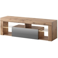 Selsey BIANKO – TV-Lowboard/TV-Schrank in Holz-Optik Lancaster Eiche mit Klappe in Grau Hochglanz mit LED-Beleuchtung Stehend 140cm