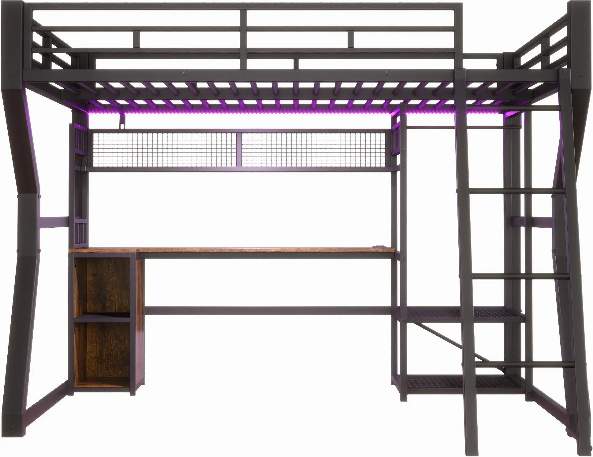 Hochbett 140x200 cm mit integriertem Schreibtisch, verstellbarer LED-Lichtleiste und integrierter Steckdose, 204x181,5x180 cm, Schwarz