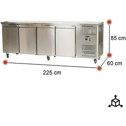 Romux® Tiefkühltisch mit 4 Türen 225x60 cm mit Luftkühlung | Theken Gefriertische aus Edelstahl mit Kapazität 449 L und Leistung 750 W