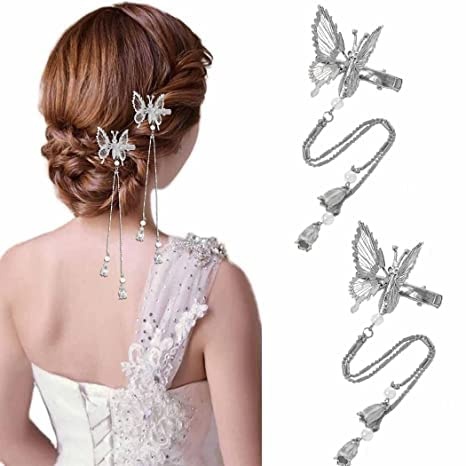 Silver Butterfly Hair Pins Butterfly Hair Clips Tassel Hair Barrettes Metal Butterfly Hairpins Bride Wedding Head Pieces Hair Accessories for Women Girls (Pack of 2)