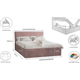 kaiser möbel Boxspringbett mit bettkasten und topper TRENTO, ohne Bein stoff Plüsch Cord 120x200 cm Rosa H3 - Rosa