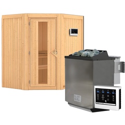 Karibu Sauna Taurin mit Eckeinstieg 68 mm-9 kW Bio-Kombiofen inkl. Steuergerät-Ohne Dachkranz-Energiesparende Saunatür mit Glaseinsatz