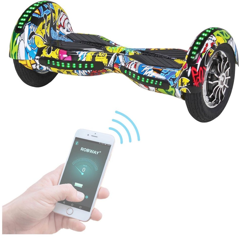 ROBWAY W3 - Hoverboard für Erwachsene & Kinder - 10 Zoll - 800 Watt - 15,00 km/h - Self-Balance-Scooter -Bluetooth - App (Gelb Graffiti)