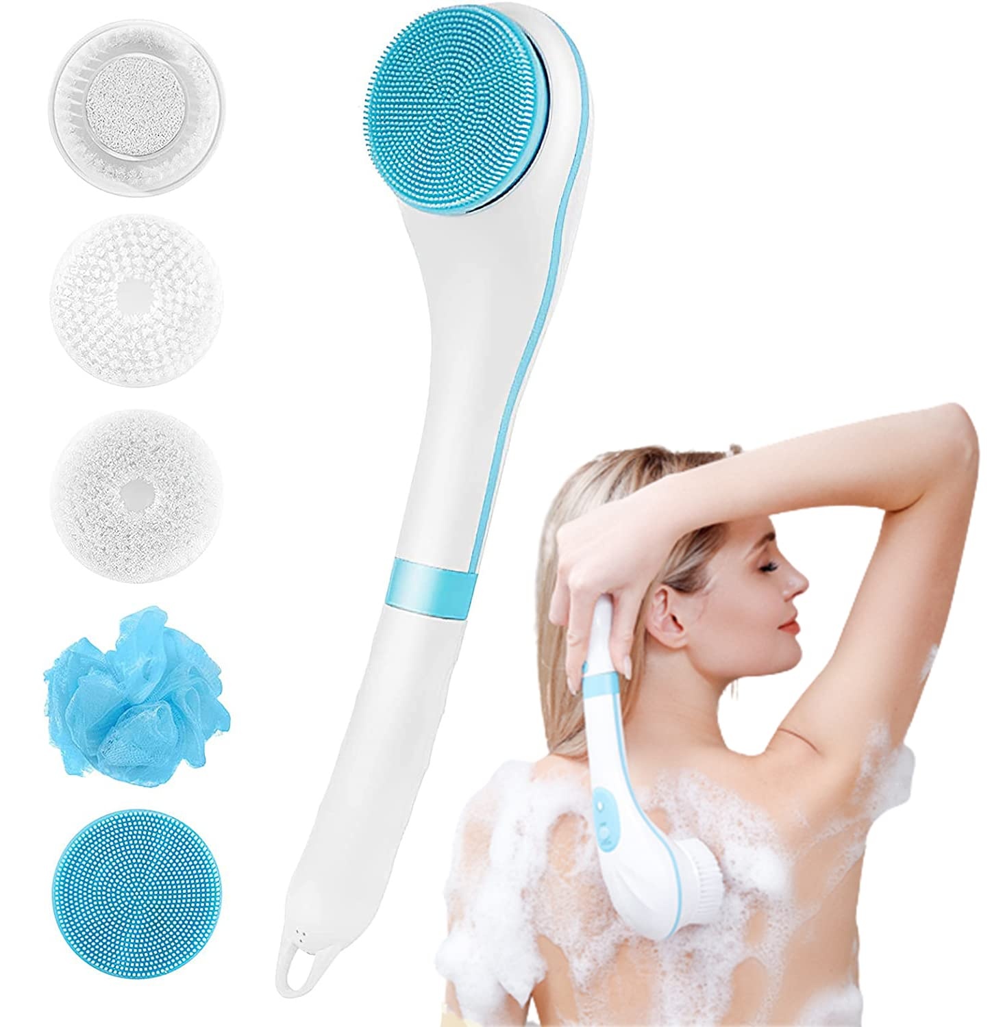 Elektrische KöRperbüRste FüR Dusche Mit Langem Stiel Elektrisch RüCkenbüRste DuschbüRste Mit 4 ReinigungsköPfen Exfoliator Rotating Scrub FüR Spa FüR Jeden Hauttyp, Wasserfeste Body Brush