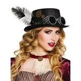 Flacher Steampunk Zylinder mit Brille - Filzzylinder mit Messing-Deko, Feder und