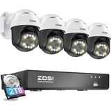 ZOSI 5MP PoE Überwachungskamera Set Aussen, 4X 355°/140° Schwenkbar IP Dome Kamera und 8CH 4K PoE NVR mit 2TB HDD, 2-Wege-Audio, Ton- und Lichtalarm