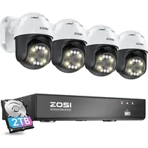 ZOSI 5MP PoE Überwachungskamera Set Aussen, 4X 355°/140° Schwenkbar IP Dome Kamera und 8CH 4K PoE NVR mit 2TB HDD, 2-Wege-Audio, Ton- und Lichtalarm