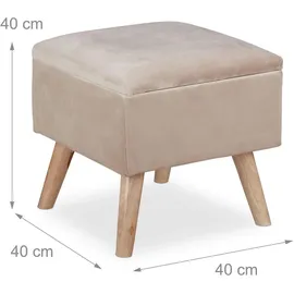 Relaxdays Samthocker mit Stauraum, gepolstert, eckig, mit Holzbeinen, Wohnzimmer Sitzhocker, HBT: 40x40x40 cm, Creme