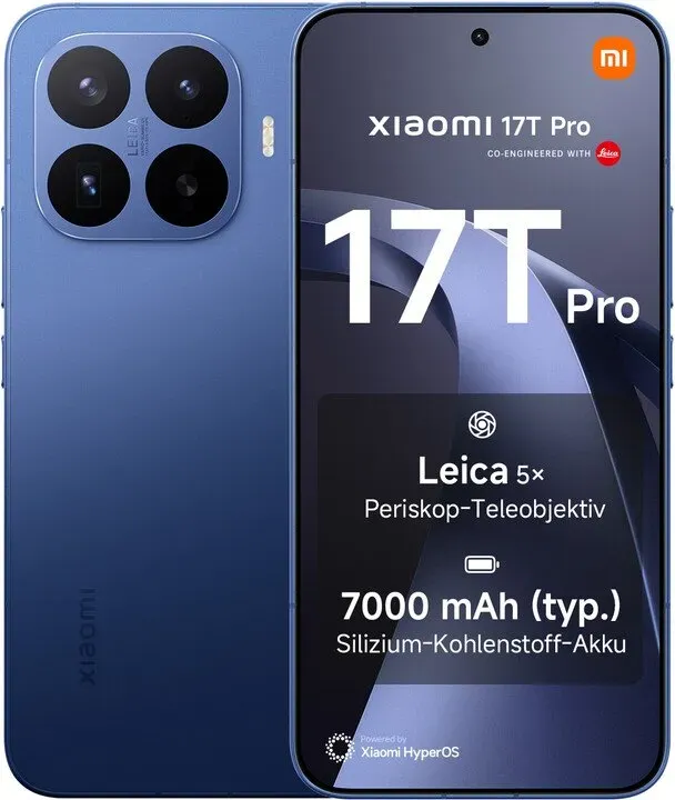 Xiaomi 17T Pro Dunkelblau 12 GB RAM 512 GB Speicher, 100 W Kabelgebundene Ladung, Silizium-Kohlenstoff-Lithium-Ionen-Akku 7000 mAh, Android 16, HyperOS 3