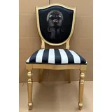Casa Padrino Luxus Art Deco Esszimmer Stuhl mit Design und Streifen Schwarz / Weiß / Gold - Eleganter Massivholz Stuhl - Art Deco Esszimmer Möbel
