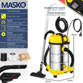 Masko MASKO® Industriestaubsauger Staubsauger Nass Trocken Sauger Edelstahl 2300W + Steckdose Blasfunktion Trocken-Saugen & Nass-Saugen Push&Clean Industrie-Sauger mit | ohne Beutel beutellos