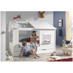 Baumhaus Bett 90 x 200 cm Liegefläche und Bettschublade offenes Dach Weiß lackiert