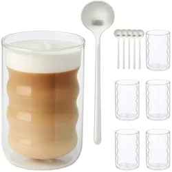 Relaxdays Latte Macchiato Gläser, 6er Set, Löffel, Spiralform, doppelwandiges Glas, 350 ml, Kaffeegläser, transparent