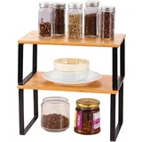 LIANTRAL Küchenschränke Organizer 2er Set, Küchenregal, Küchen Organizer aus Metall und Bambus, Erweiterbar und Stapelbar Gewürzhalter, kleines Regal, B 29,7 cm, Naturfarben und Schwarz